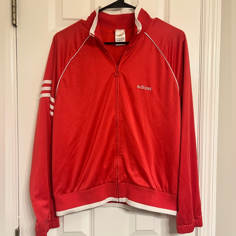 Women’s Adidas Red Track Jacket with White Stripes Size L